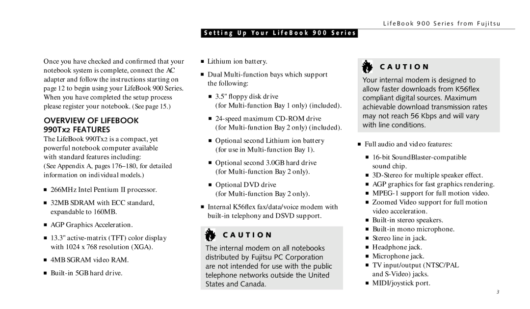 Fujitsu 990TX2 manual Overview of Lifebook 990Tx2 Features, T t i n g U p Y o u r L i f e B o o k 9 0 0 S e r i e s 