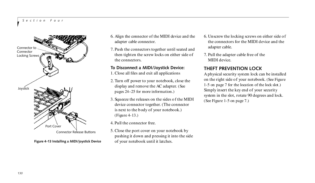 Fujitsu 990TX2 manual Theft Prevention Lock, To Disconnect a MIDI/Joystick Device 