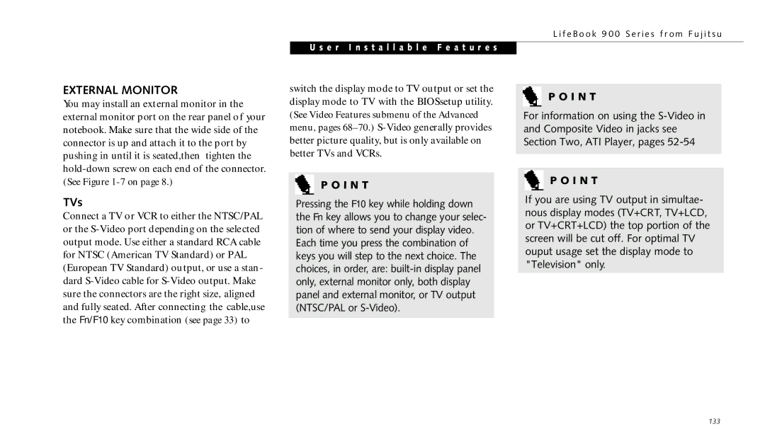 Fujitsu 990TX2 manual External Monitor, TVs 