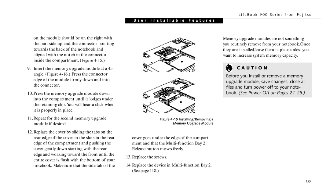 Fujitsu 990TX2 manual Installing/Removing a Memory Upgrade Module 