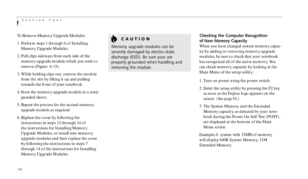 Fujitsu 990TX2 manual To Remove Memory Upgrade Modules 