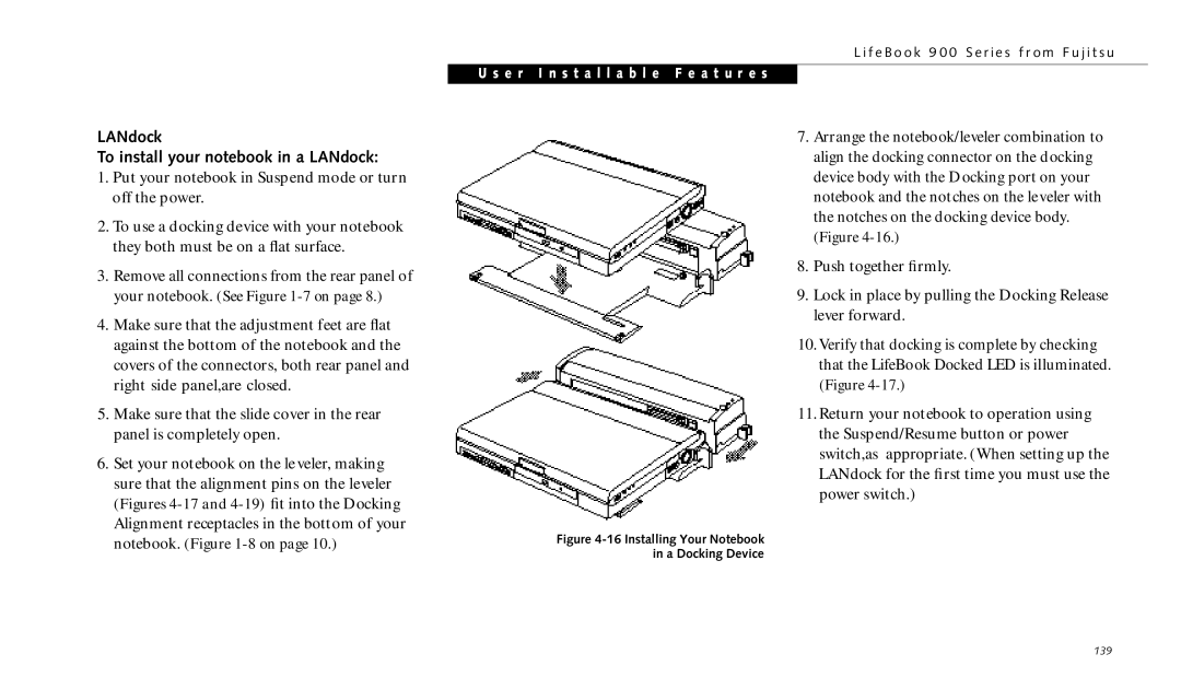 Fujitsu 990TX2 manual LANdock To install your notebook in a LANdock, Installing Your Notebook A Docking Device 