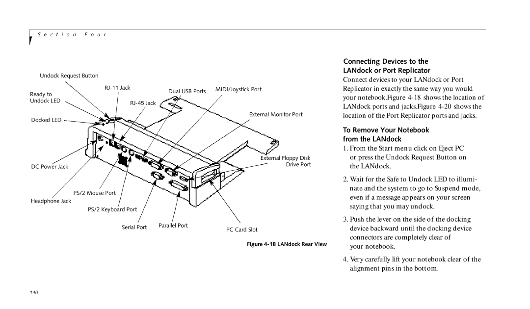 Fujitsu 990TX2 manual Connecting Devices to LANdock or Port Replicator, LANdock Rear View 