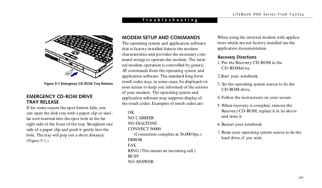 Fujitsu 990TX2 manual Emergency CD-ROM Drive Tray Release, Modem Setup and Commands, Recovery Directions 