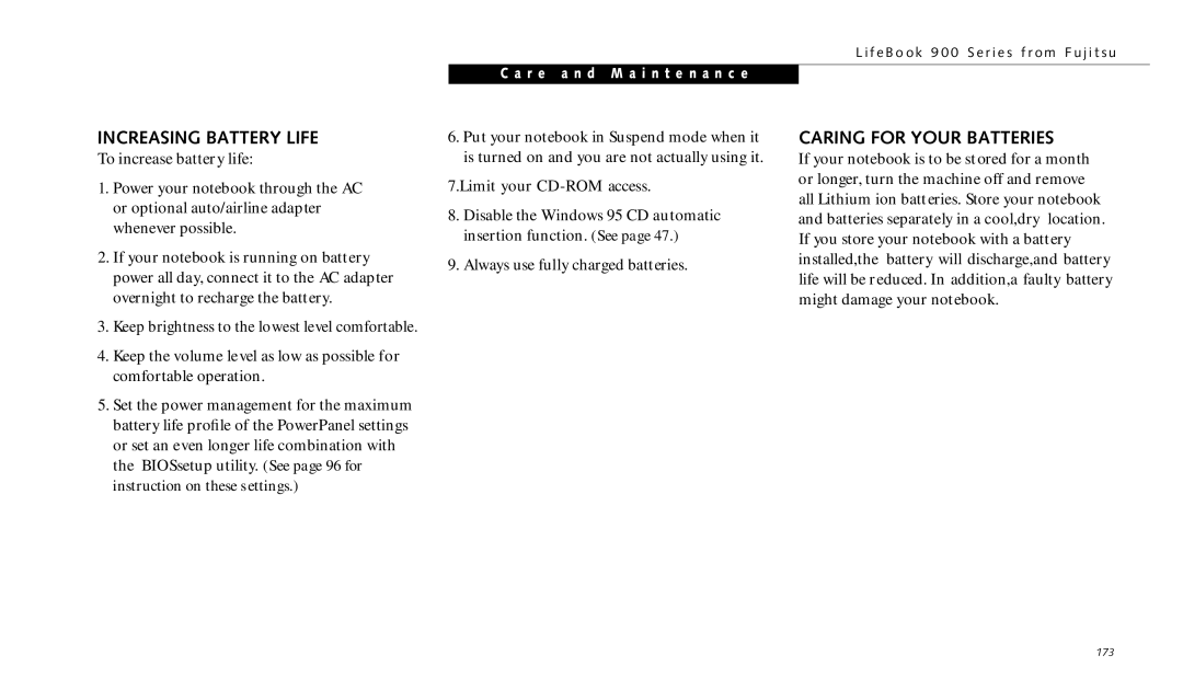 Fujitsu 990TX2 manual Increasing Battery Life, Caring for Your Batteries, To increase battery life 