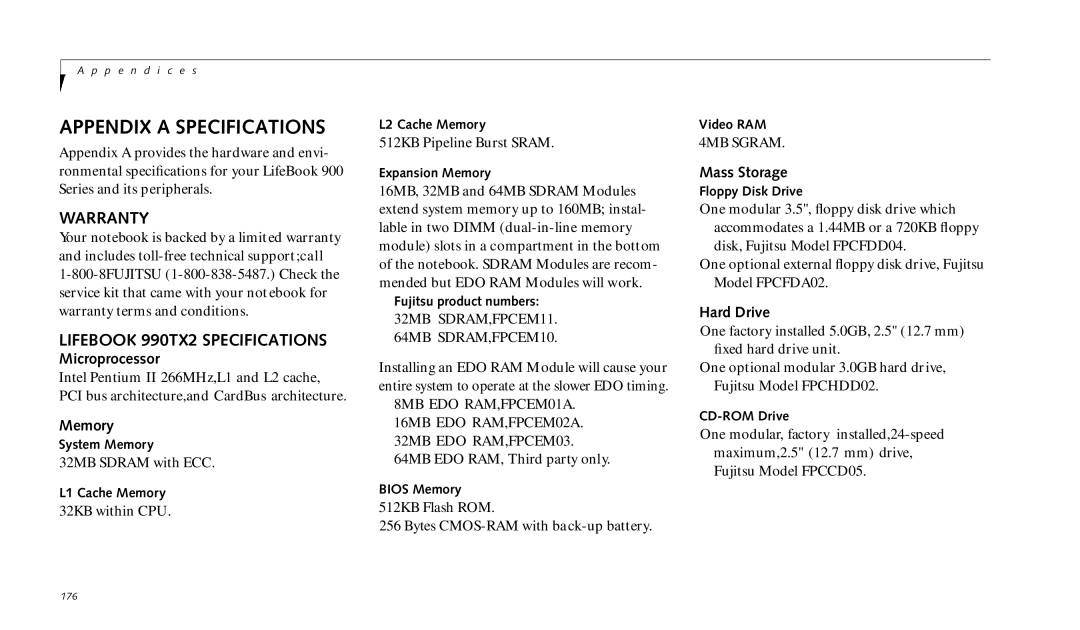 Fujitsu manual Warranty, Lifebook 990TX2 Specifications 