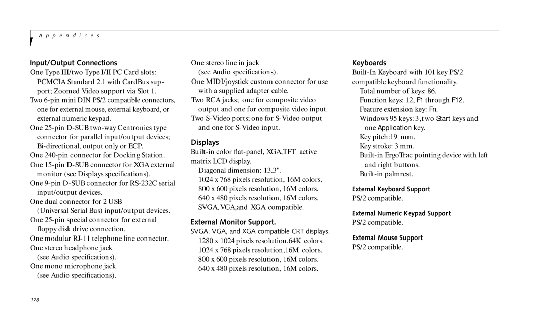 Fujitsu 990TX2 manual Input/Output Connections, Displays, External Monitor Support, Keyboards 