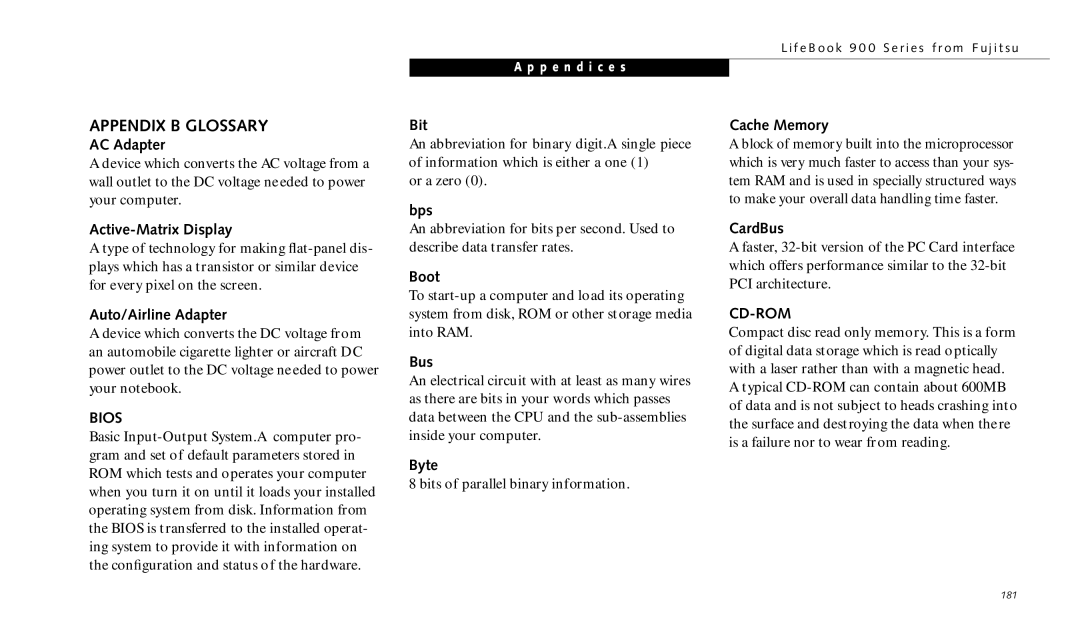 Fujitsu 990TX2 manual Appendix B Glossary, Bios, Cd-Rom 