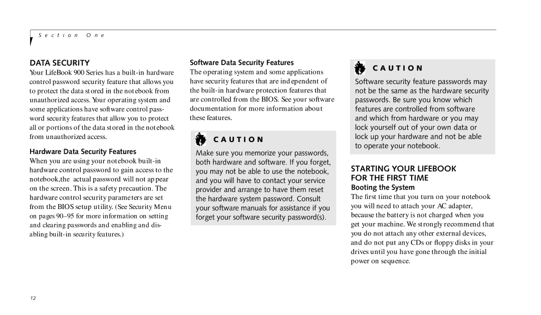 Fujitsu 990TX2 manual Starting Your Lifebook For the First Time, Hardware Data Security Features, Booting the System 