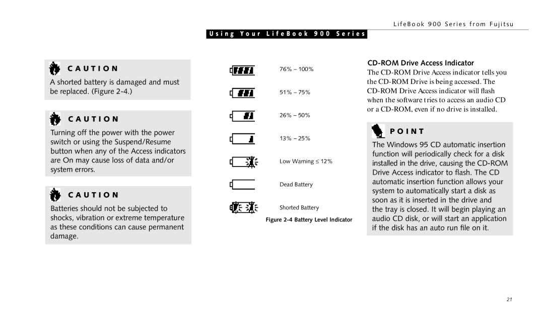 Fujitsu 990TX2 manual CD-ROM Drive Access Indicator, Battery Level Indicator 