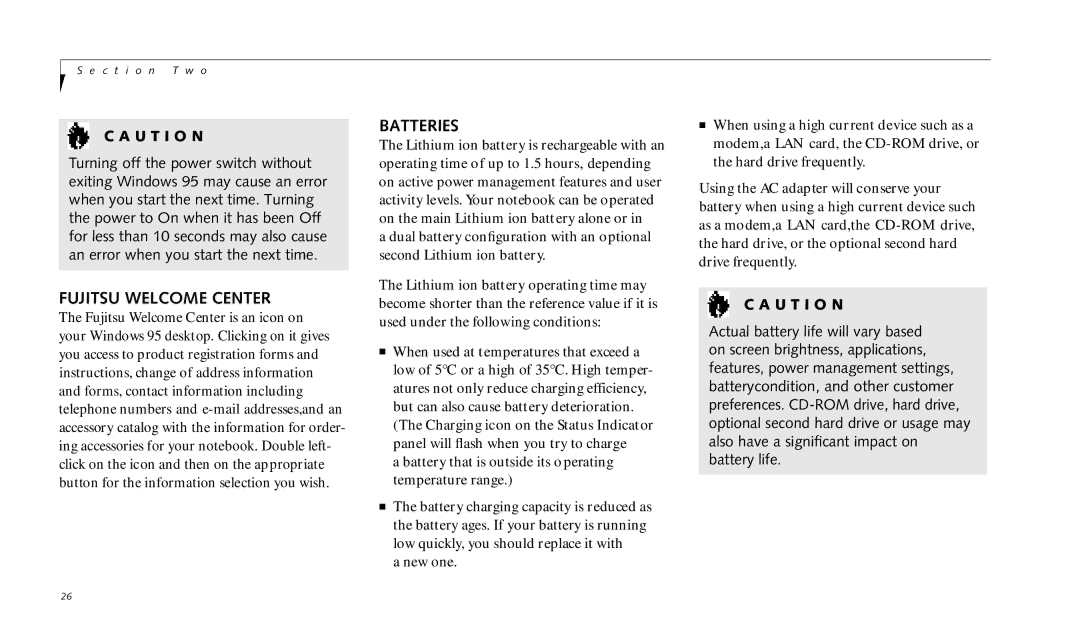 Fujitsu 990TX2 manual Fujitsu Welcome Center, Batteries 