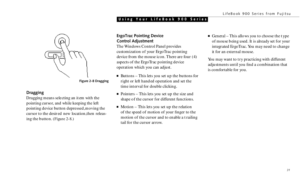 Fujitsu 990TX2 manual Dragging, ErgoTrac Pointing Device Control Adjustment 