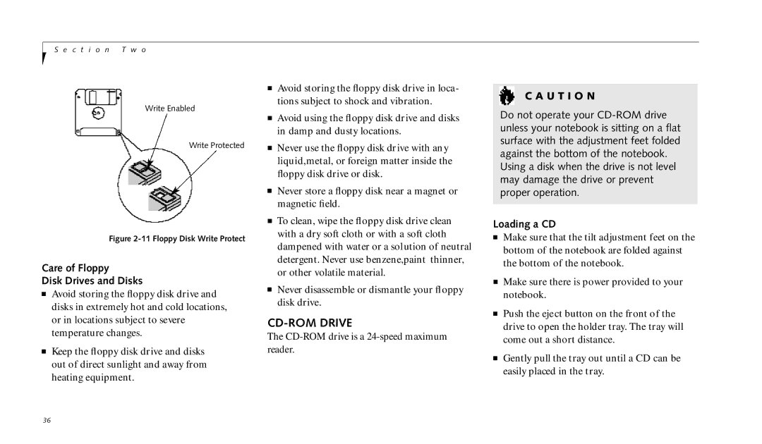 Fujitsu 990TX2 manual CD-ROM Drive, Care of Floppy Disk Drives and Disks, Loading a CD 