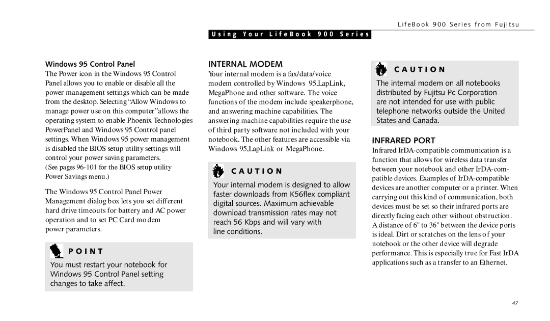 Fujitsu 990TX2 manual Internal Modem, Infrared Port, Windows 95 Control Panel 