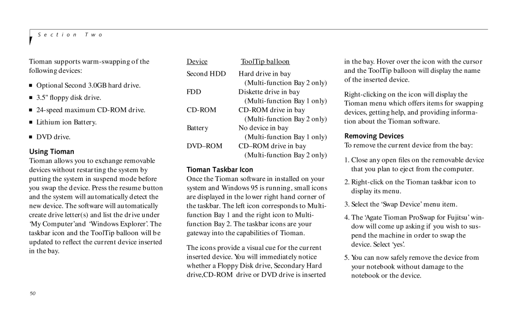 Fujitsu 990TX2 manual Using Tioman, Device ToolTip balloon, Tioman Taskbar Icon, Removing Devices 