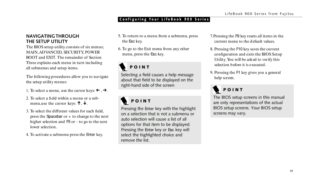 Fujitsu 990TX2 manual Navigating Through Setup Utility, Select the highlighted choice and remove the list 
