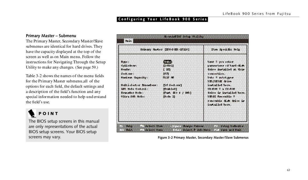 Fujitsu 990TX2 manual Primary Master Submenu, Primary Master, Secondary Master/Slave Submenus 