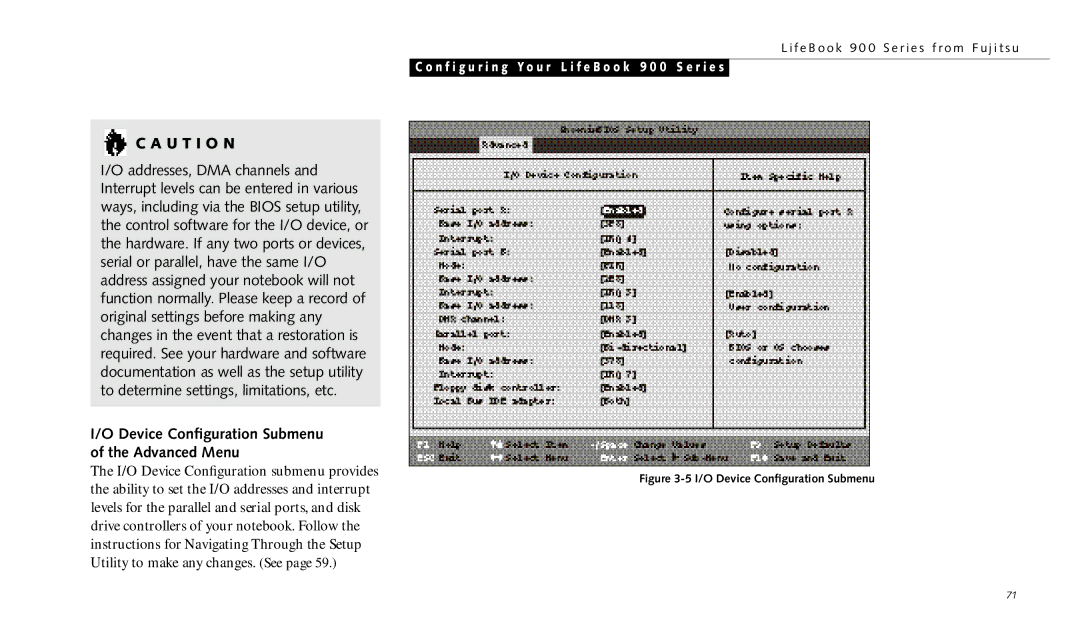 Fujitsu 990TX2 manual Device Conﬁguration Submenu of the Advanced Menu, I/O Device Conﬁguration Submenu 