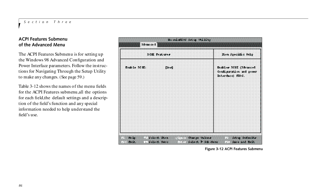 Fujitsu 990TX2 manual Acpi Features Submenu Advanced Menu 