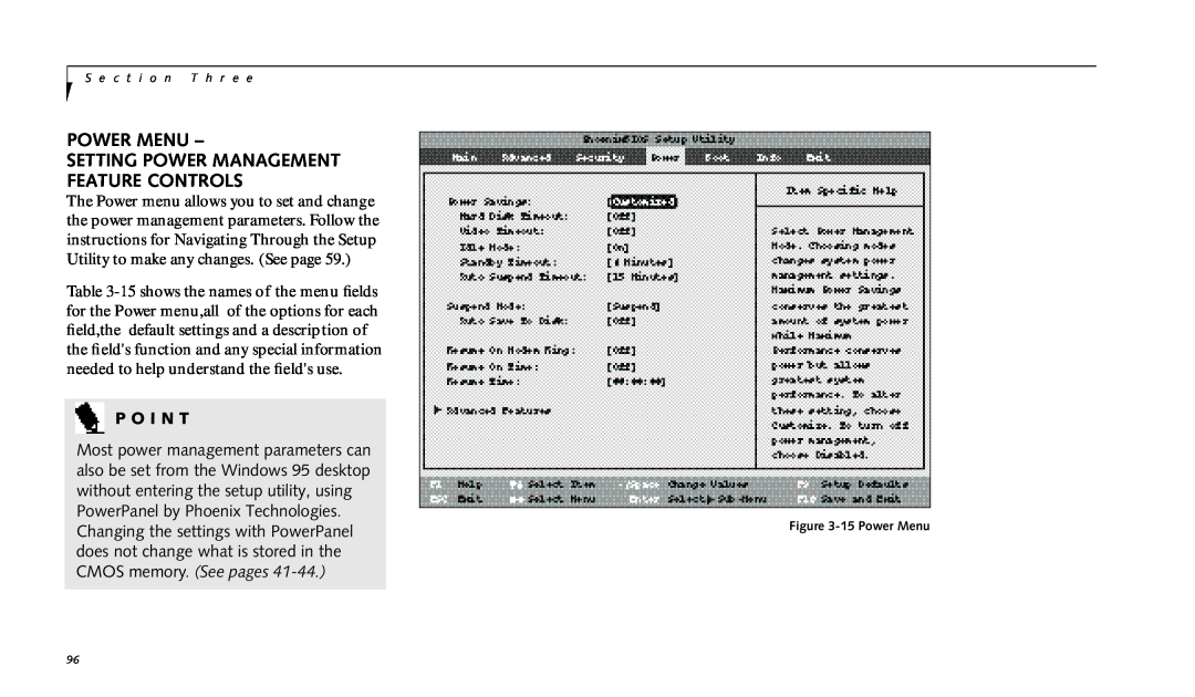 Fujitsu 990TX2 manual Power Menu, Setting Power Management Feature Controls, P O I N T 