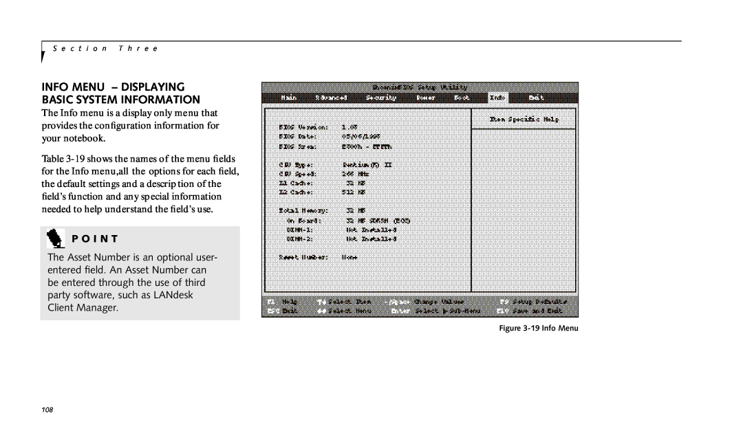 Fujitsu 990TX2 manual Info Menu – Displaying Basic System Information, P O I N T, 19Info Menu 