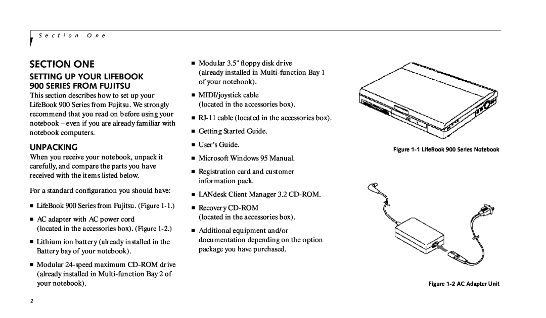 Fujitsu 990TX2 manual Unpacking, SETTING UP YOUR LIFEBOOK 900 SERIES FROM FUJITSU, Section One 