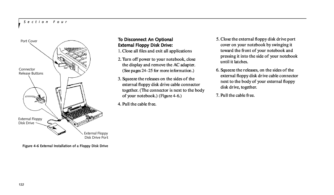 Fujitsu 990TX2 manual To Disconnect An Optional, External Floppy Disk Drive 