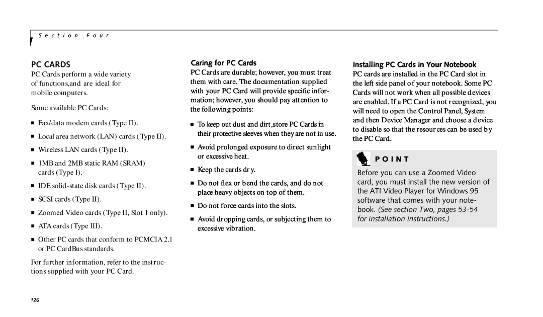 Fujitsu 990TX2 manual Pc Cards, Caring for PC Cards, P O I N T 