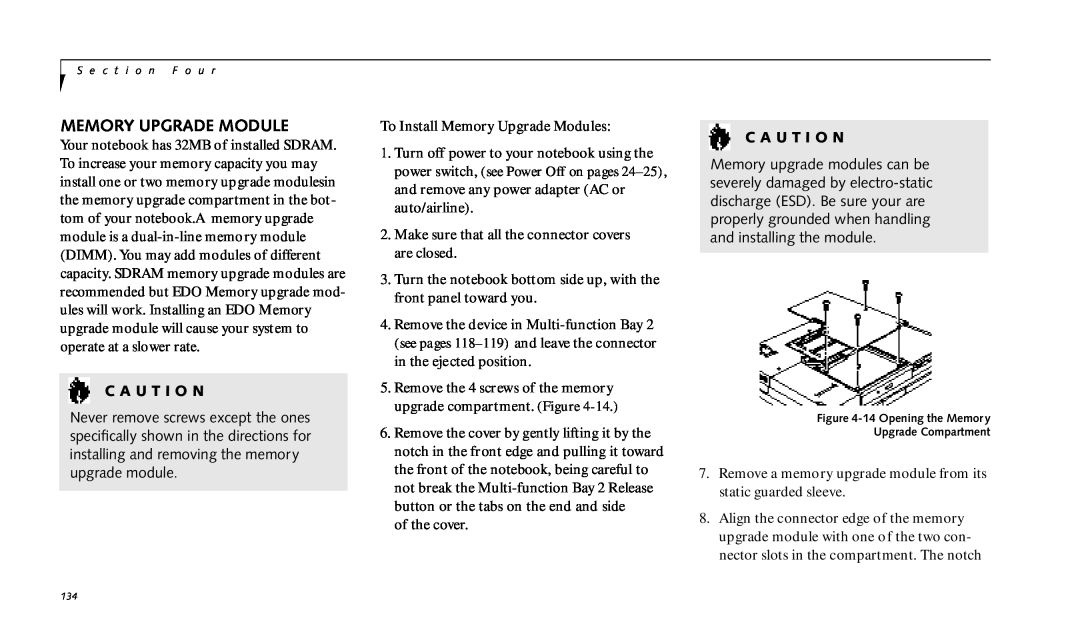 Fujitsu 990TX2 manual To Install Memory Upgrade Modules, C A U T I O N 