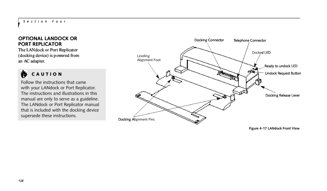 Fujitsu 990TX2 manual Optional Landock Or Port Replicator, C A U T I O N, 17LANdock Front View 