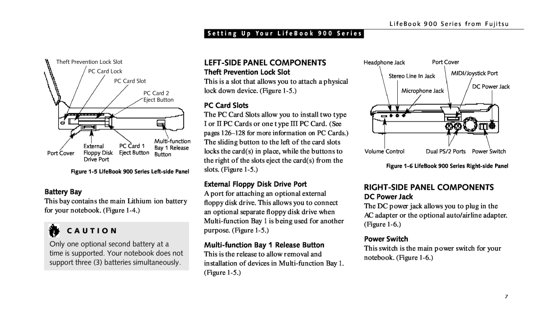 Fujitsu 990TX2 manual Left-Sidepanel Components, Right-Sidepanel Components, Battery Bay, Theft Prevention Lock Slot 