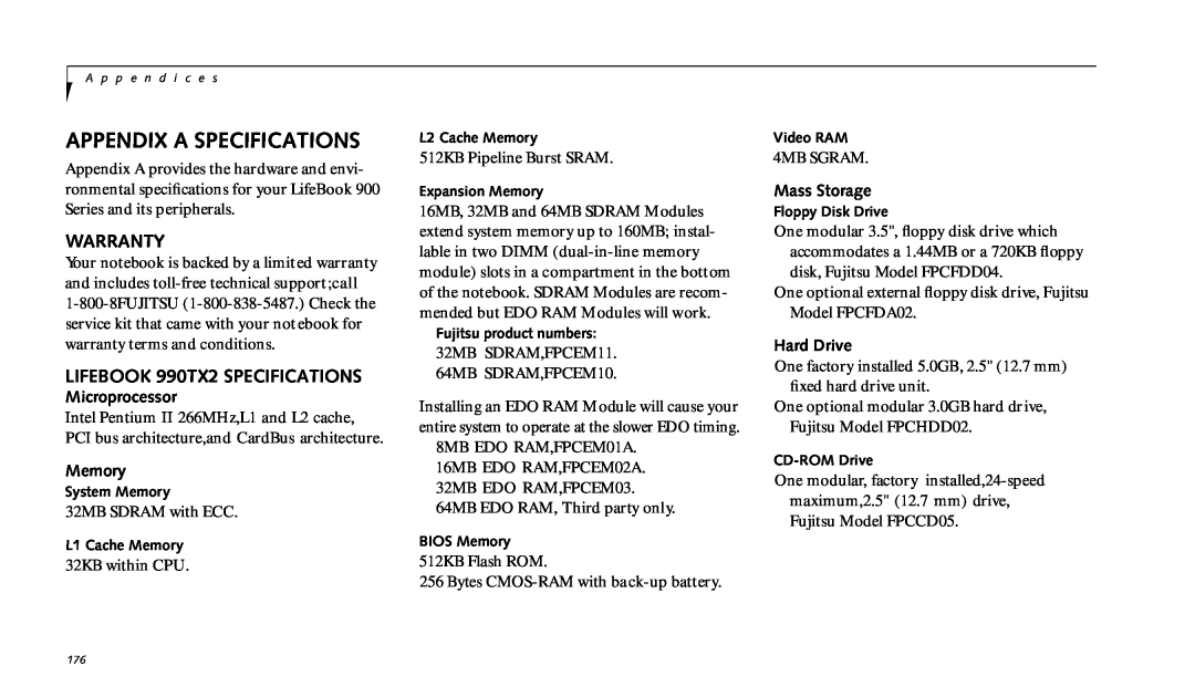 Fujitsu manual Appendix A Specifications, Warranty, LIFEBOOK 990TX2 SPECIFICATIONS, Microprocessor, Memory, Mass Storage 