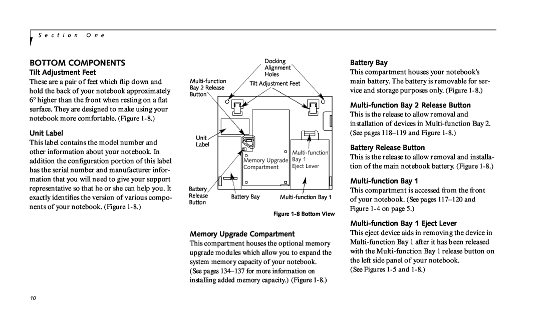 Fujitsu 990TX2 Bottom Components, Tilt Adjustment Feet, Unit Label, Memory Upgrade Compartment, Battery Release Button 