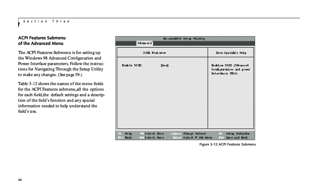 Fujitsu 990TX2 manual ACPI Features Submenu of the Advanced Menu, 12ACPI Features Submenu 