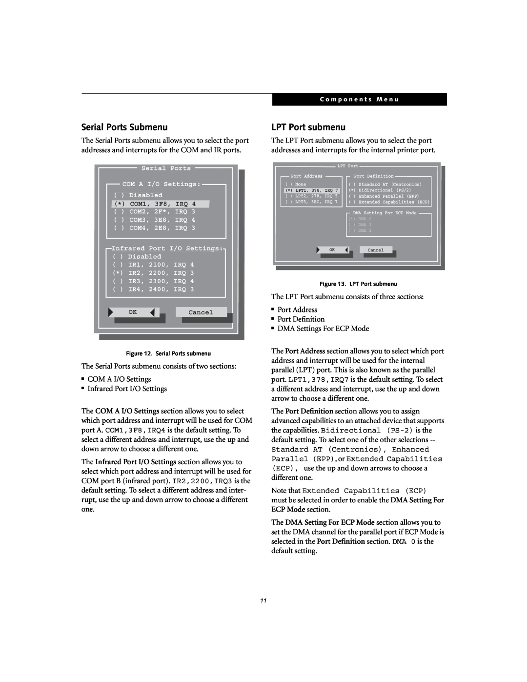 Fujitsu A1010 manual Serial Ports Submenu, LPT Port submenu 