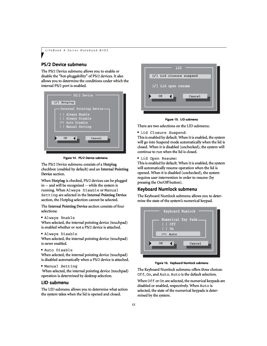 Fujitsu A1010 manual PS/2 Device submenu, LID submenu, Keyboard Numlock submenu, Lid open resume 