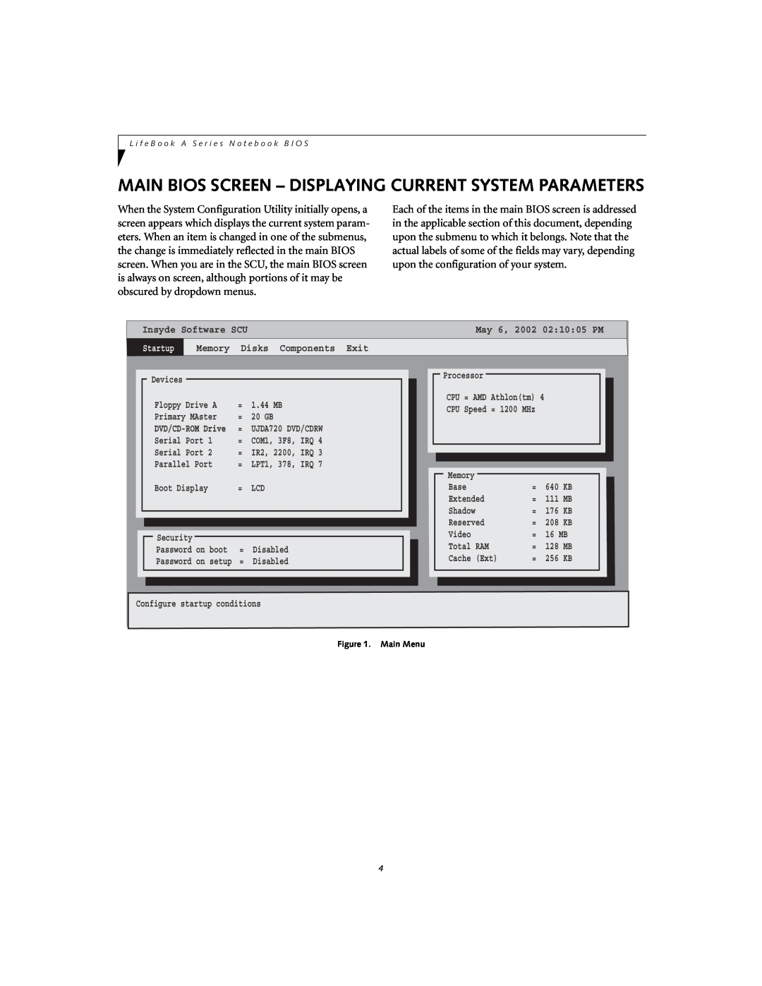 Fujitsu A1010 Main Bios Screen - Displaying Current System Parameters, May 6, 2002 021005 PM, Memory, Disks Components 