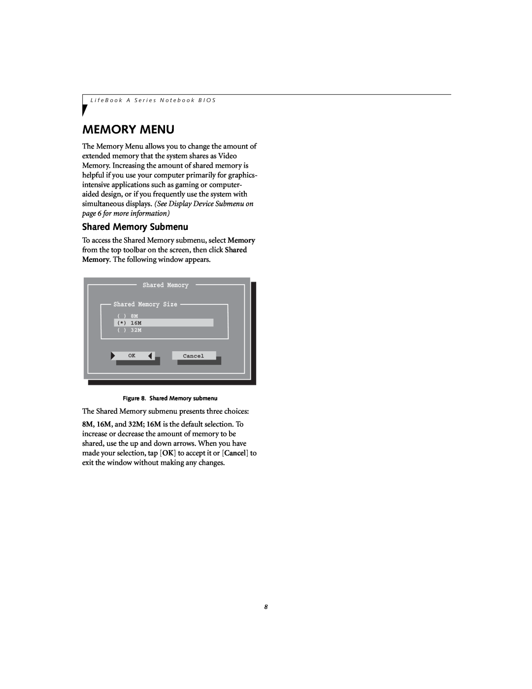 Fujitsu A1010 manual Memory Menu, Shared Memory Submenu 