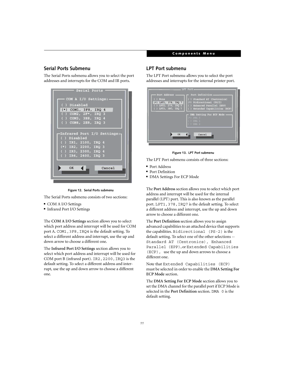 Fujitsu A1010 manual Serial Ports Submenu, LPT Port submenu 