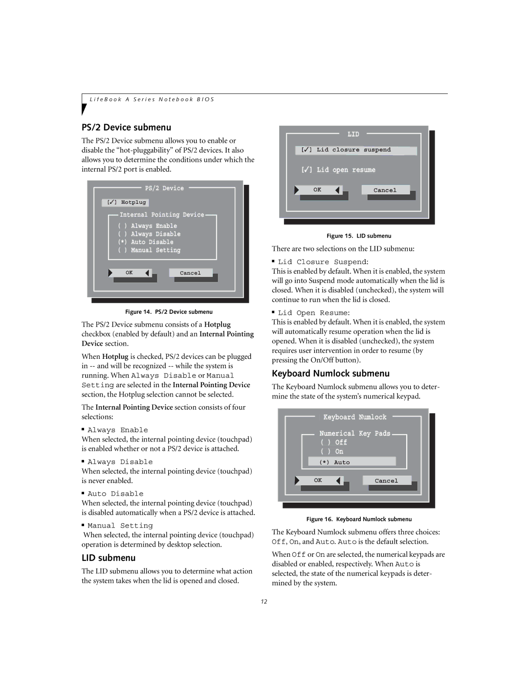 Fujitsu A1010 manual PS/2 Device submenu, LID submenu, Keyboard Numlock submenu 