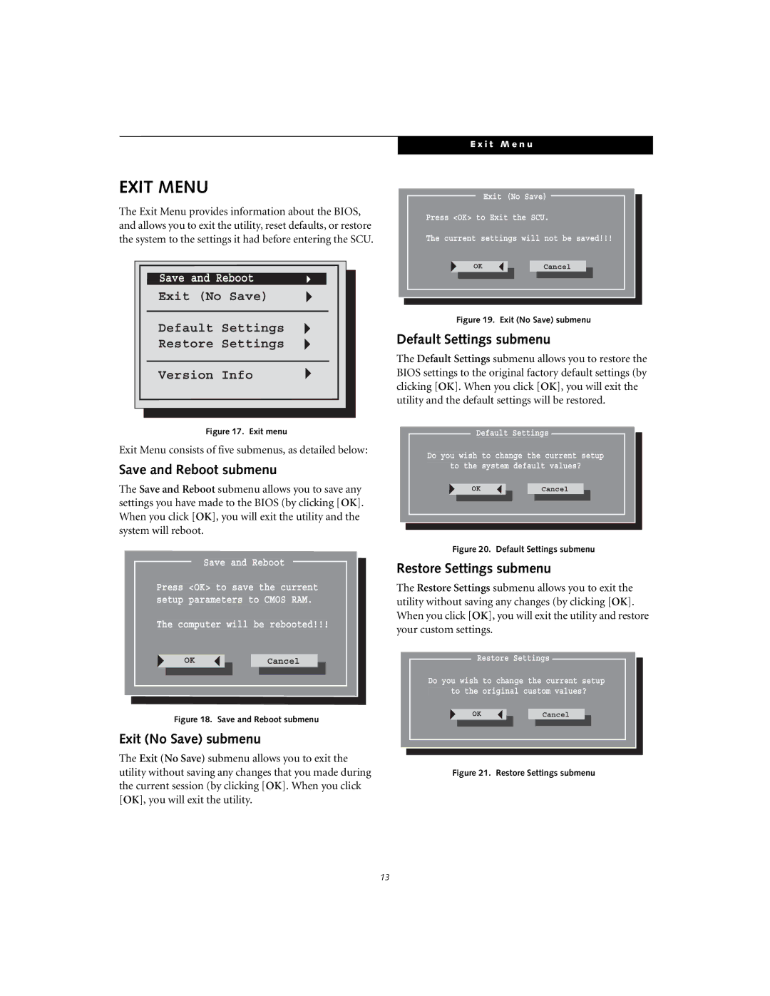 Fujitsu A1010 Exit Menu, Save and Reboot submenu, Exit No Save submenu, Default Settings submenu, Restore Settings submenu 