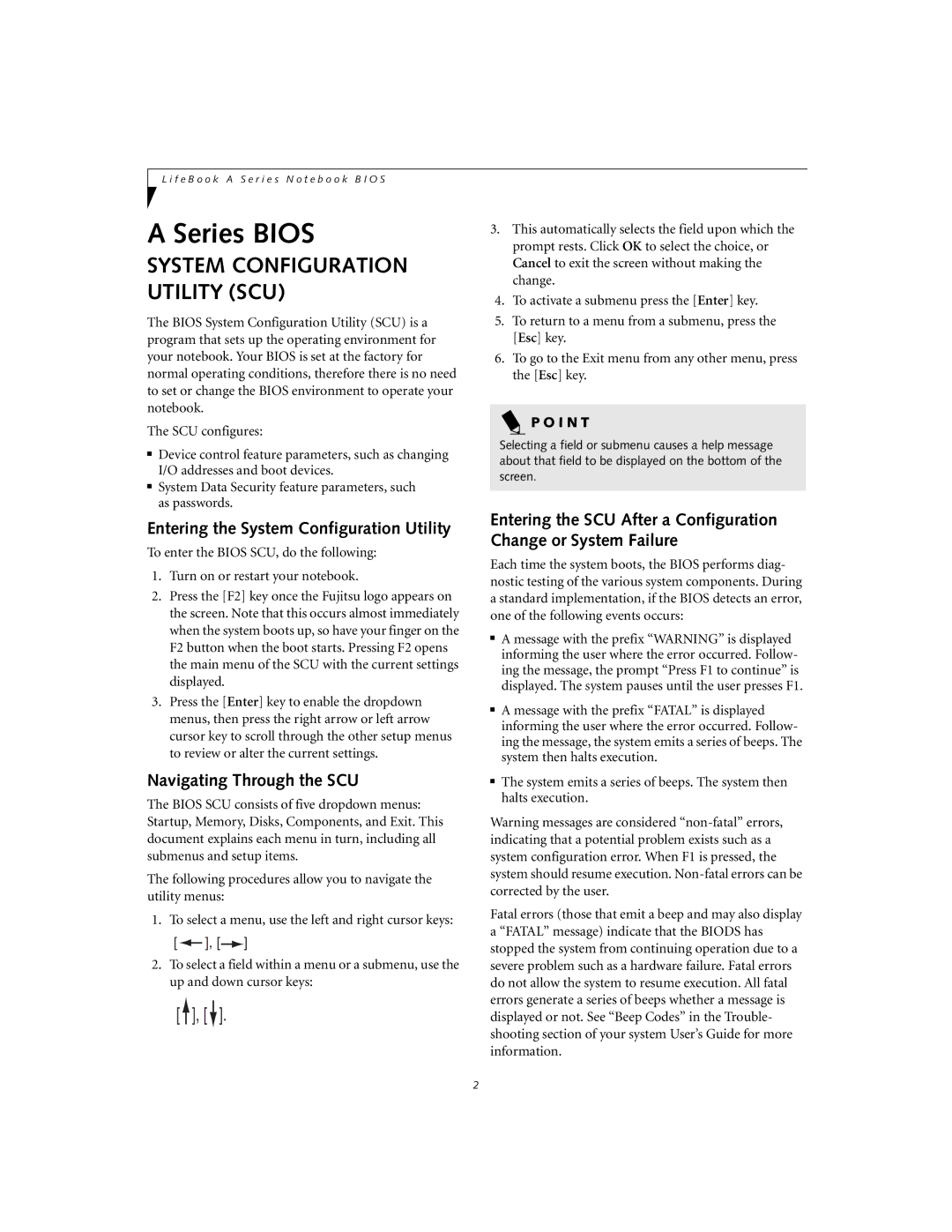 Fujitsu A1010 manual Entering the System Configuration Utility, Navigating Through the SCU 