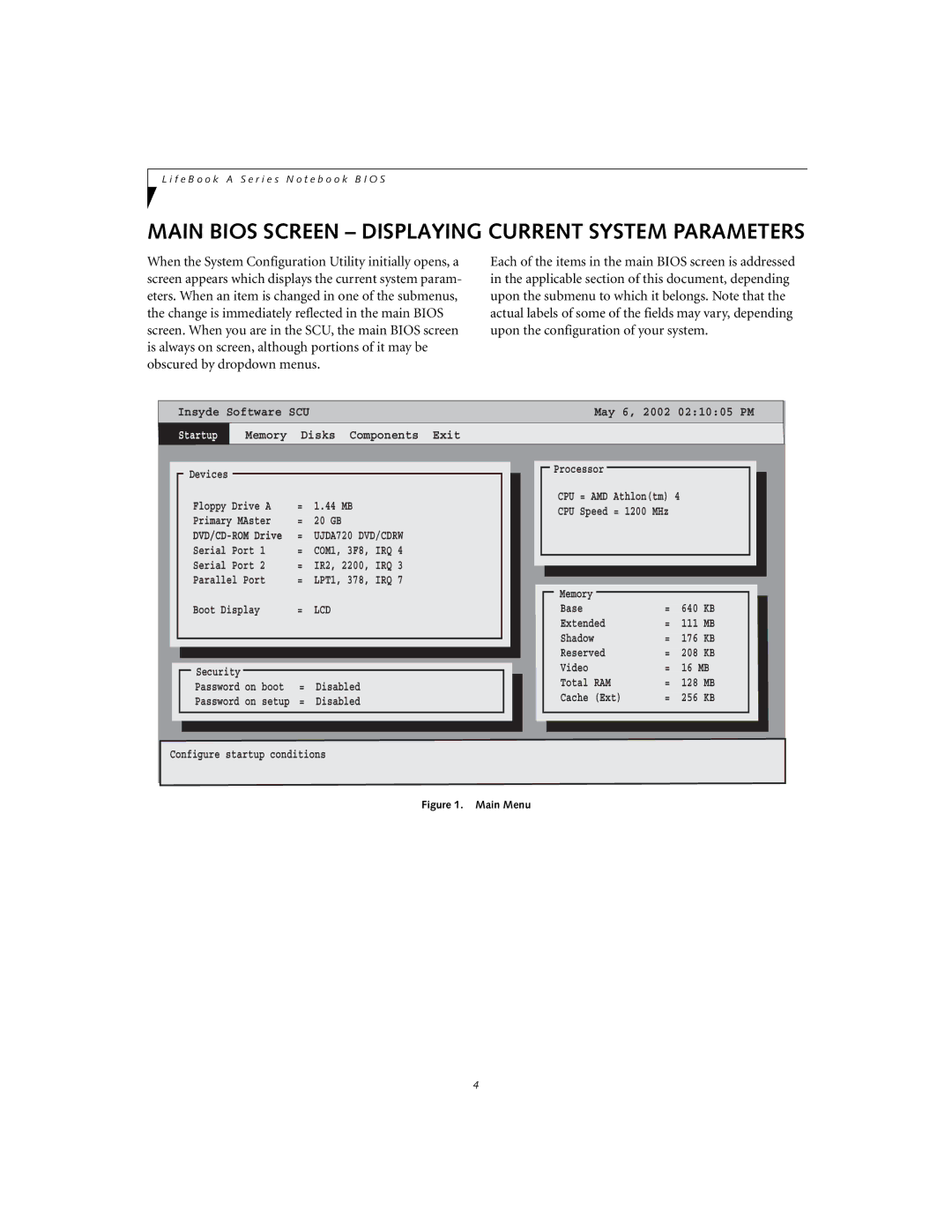 Fujitsu A1010 manual Main Bios Screen Displaying Current System Parameters 