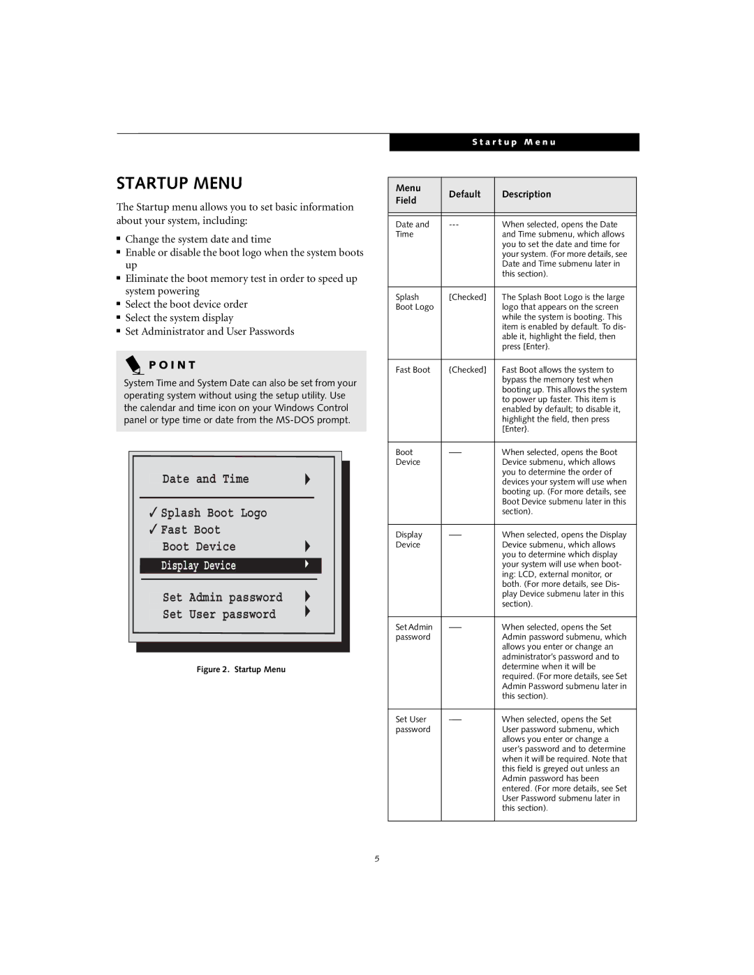 Fujitsu A1010 manual Startup Menu, Display Device 