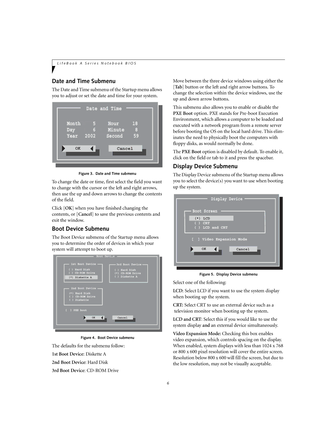 Fujitsu A1010 manual Date and Time Submenu, Boot Device Submenu, Display Device Submenu 