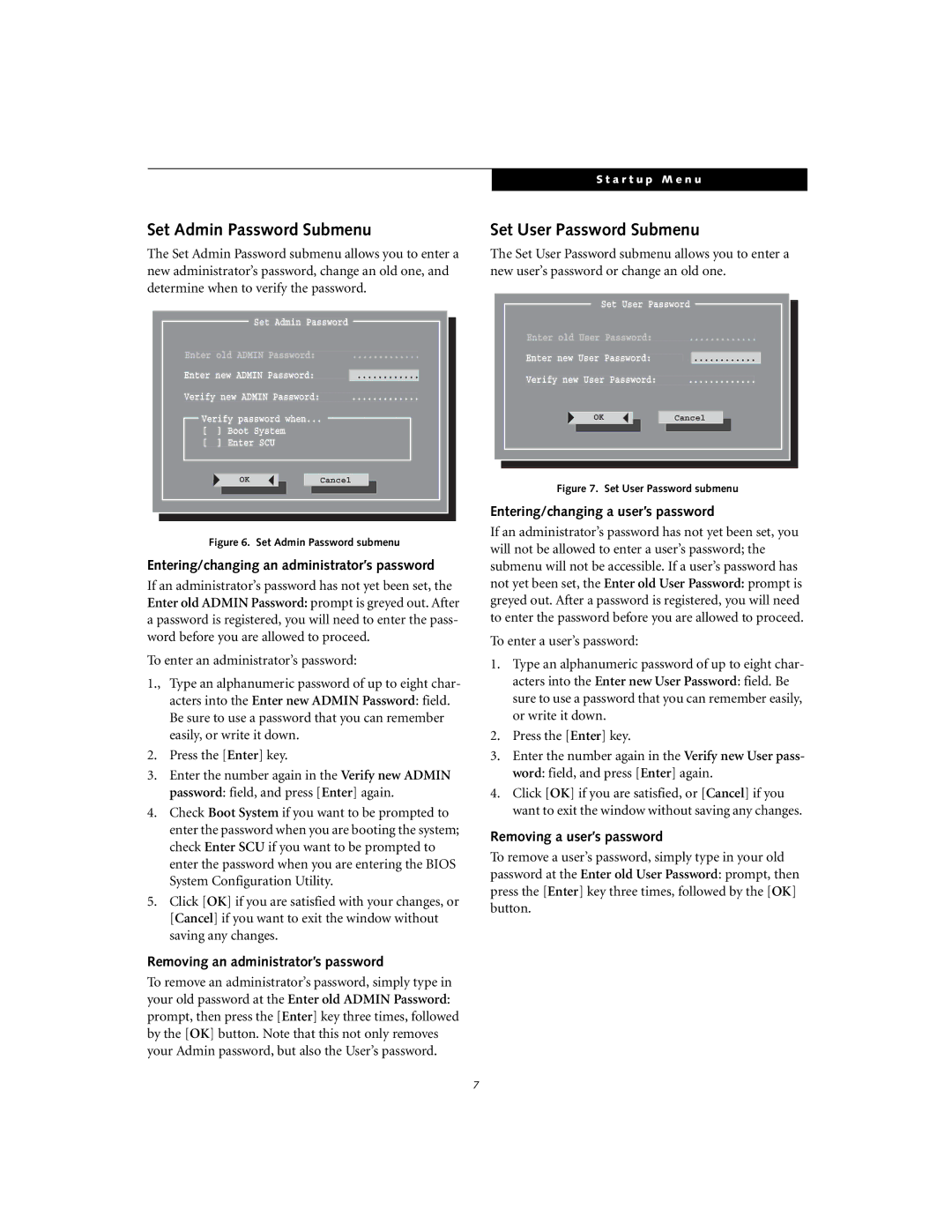 Fujitsu A1010 manual Set Admin Password Submenu, Set User Password Submenu 