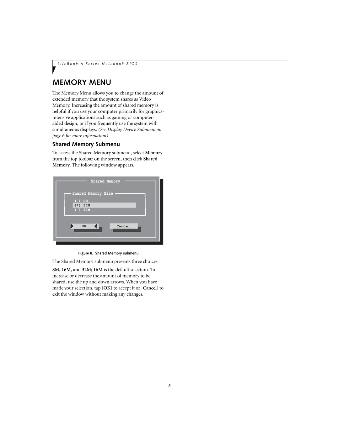 Fujitsu A1010 manual Memory Menu, Shared Memory Submenu 