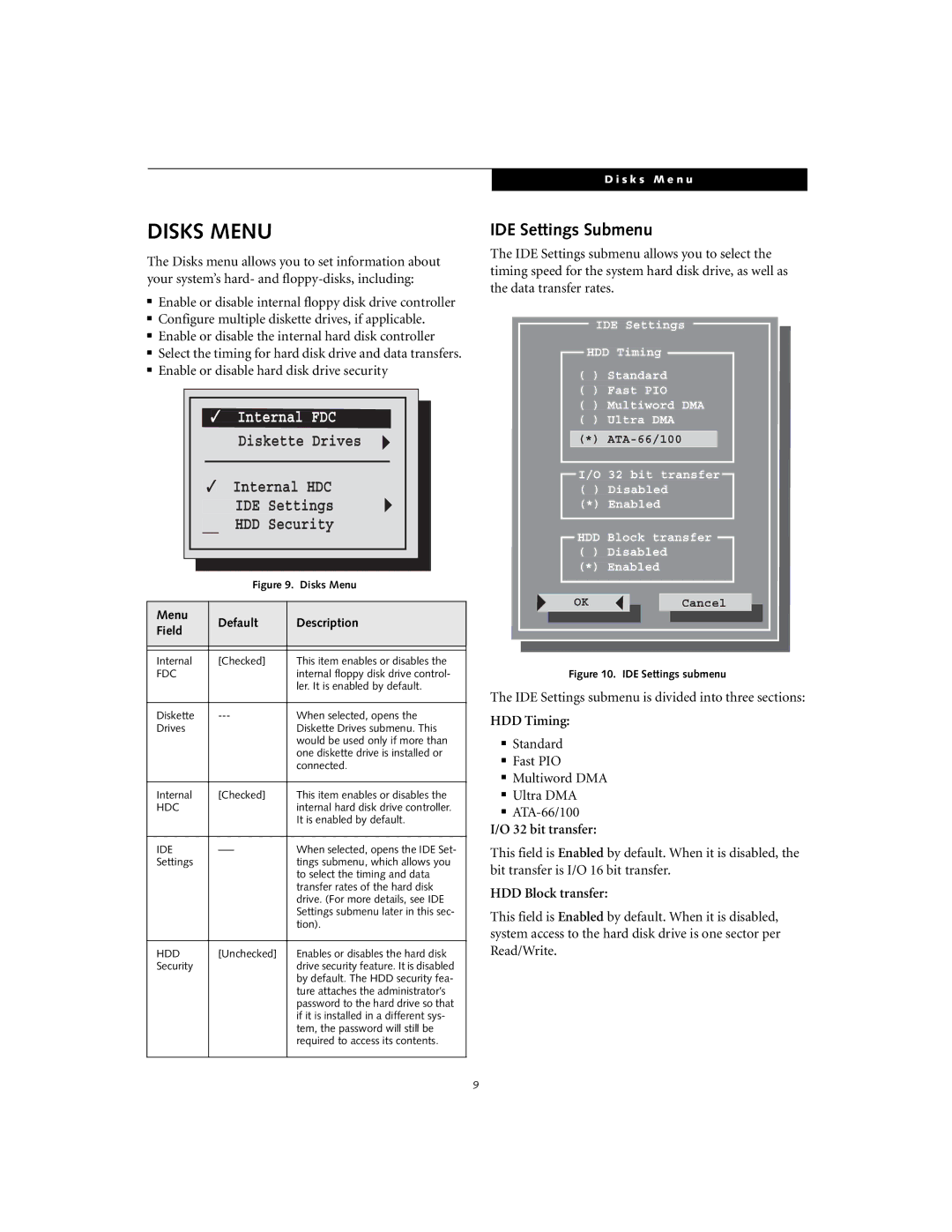 Fujitsu A1010 manual Disks Menu, IDE Settings Submenu 