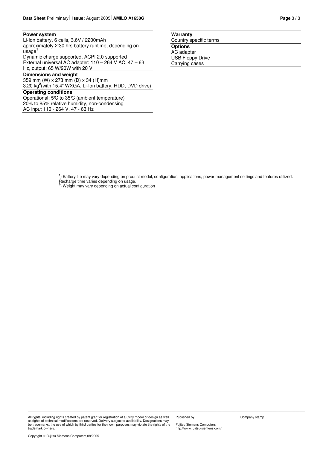 Fujitsu A1650G manual Power system, Dimensions and weight, Operating conditions, Warranty, Options 