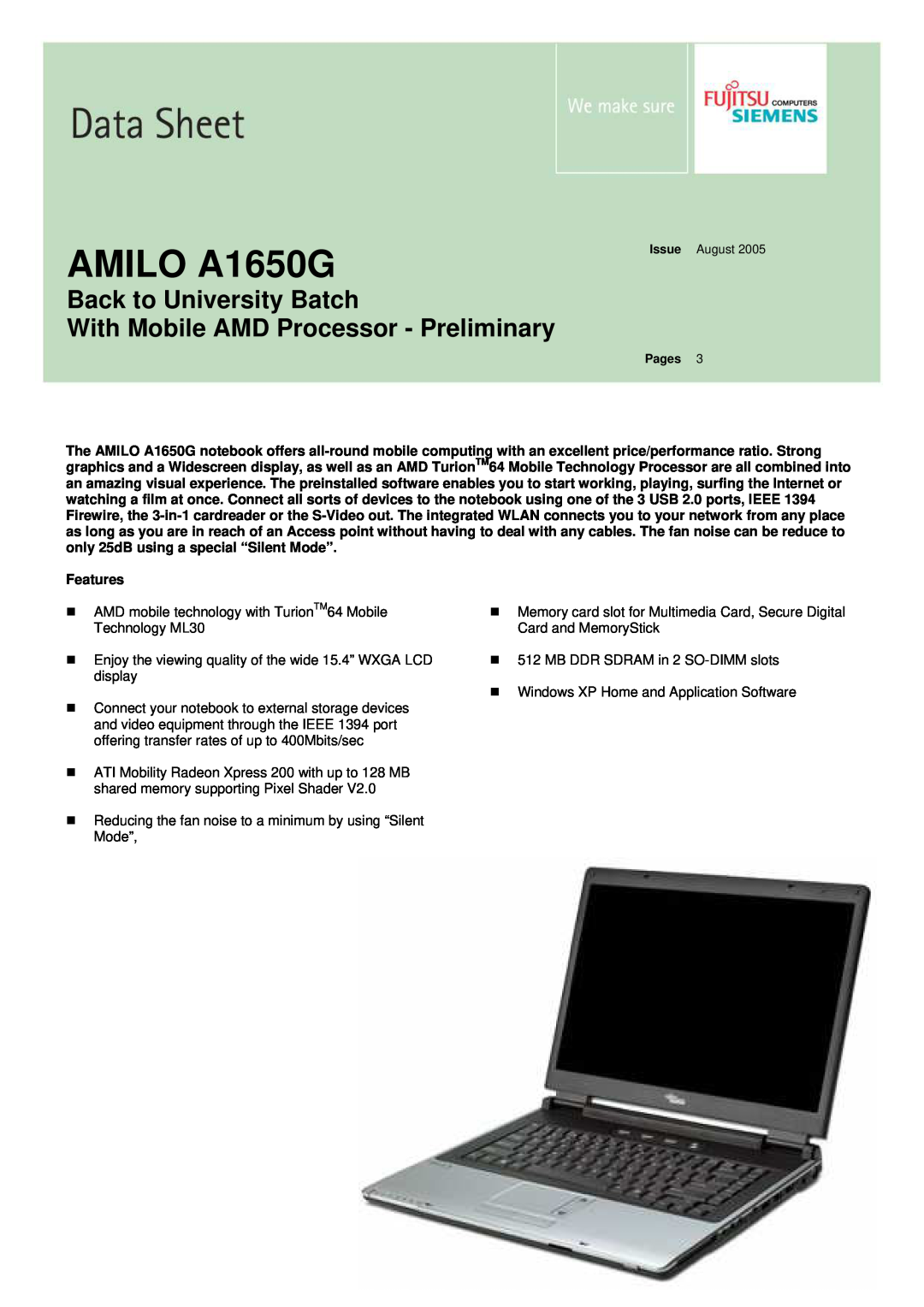 Fujitsu manual AMILO A1650G, Back to University Batch With Mobile AMD Processor - Preliminary 